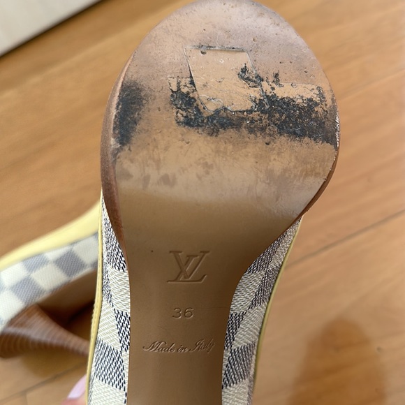 LOUIS VUITTON Beige Damier Azur Canvas With Patent Leather Peep Toe Pumps - Picture 8 of 9